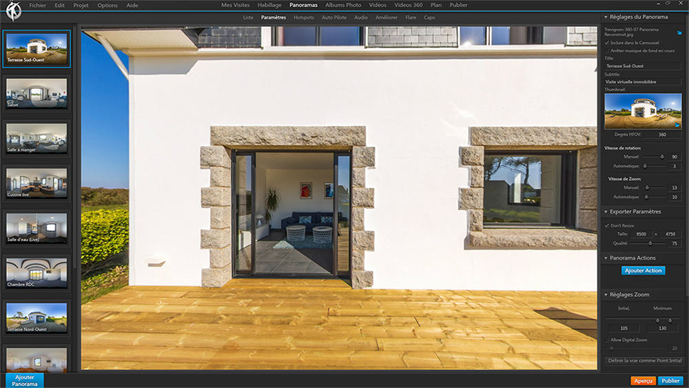 Panneau "paramètres des panoramas" de 3DVista