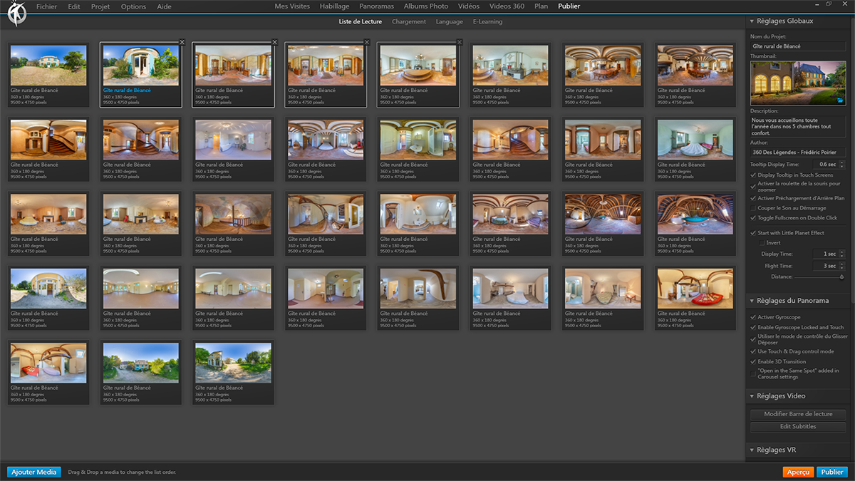 Panneau "liste des panoramas" de 3DVista