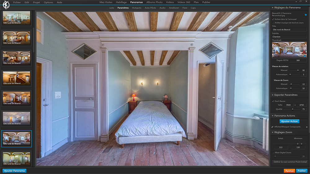 Panneau "paramètres des panoramas" de 3DVista